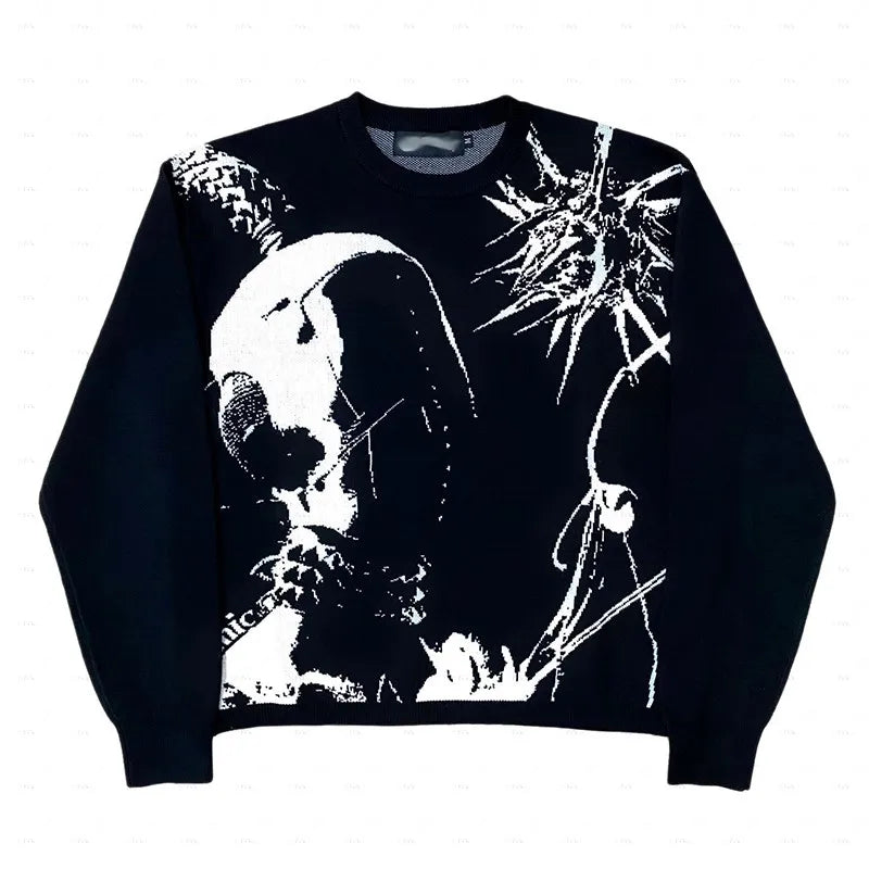 New Hip Hop Streetwear Knitted Sweater men Gothic portrait Print Pullover autumn Harajuku Cotton sweater women Oversized Sweater - Matrix Studios