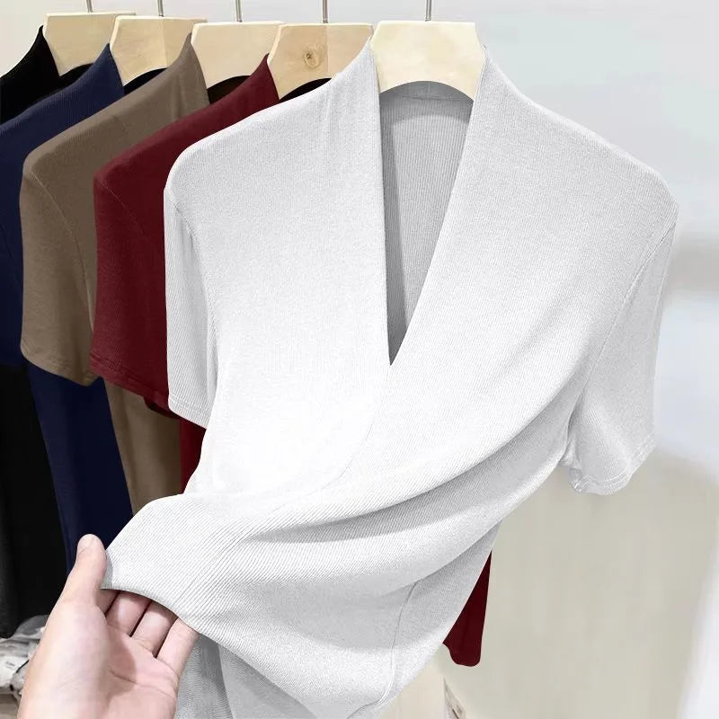 Threaded New Short Sleeved Top for Women Summer Fashion Versatile Base Shirt Plus Size Slim Fit V-neck T-shirt Casual and Sexy - Matrix-studios.com