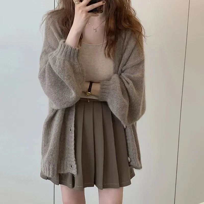 Autumn and Winter New Women's Solid Color Cardigan Sweater Fashion Casual Single-breasted Lantern Sleeve Sweater Jacket - Matrix Studios