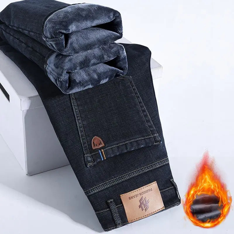 Winter Warm Fleece Jeans Men's Thick Thermal Casual Straight Denim Pants Male Business Work Stretch Trousers New Clothing - Matrix Studios