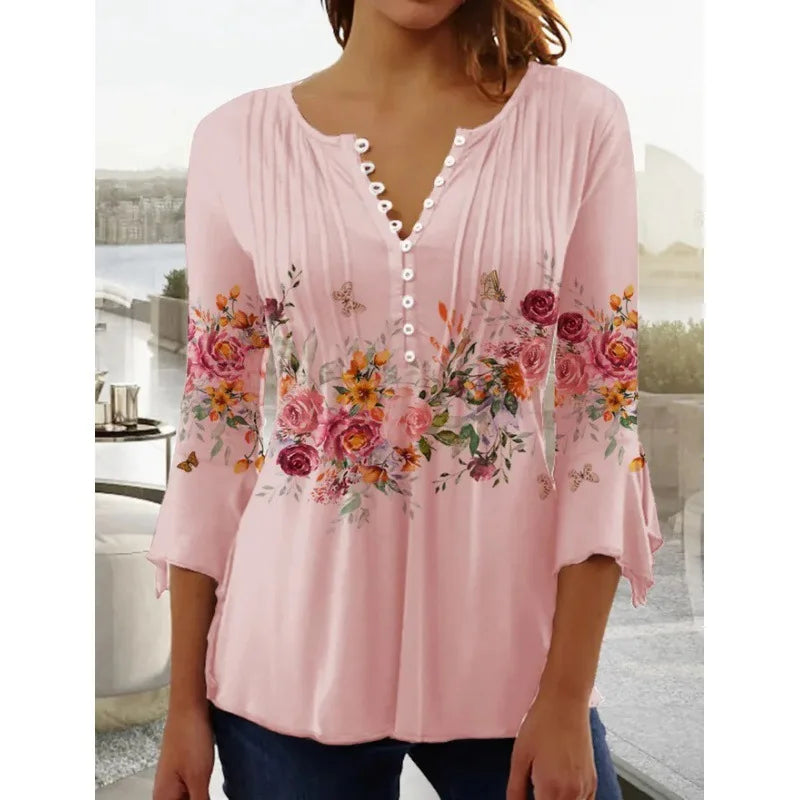 V-Neck Elegant Office Lady Blouses Tops Blusas 2024 Casual Trendy Summer Blouses Print Three Quarter Buttons Women Shirts S-3XL - Matrix-studios.com