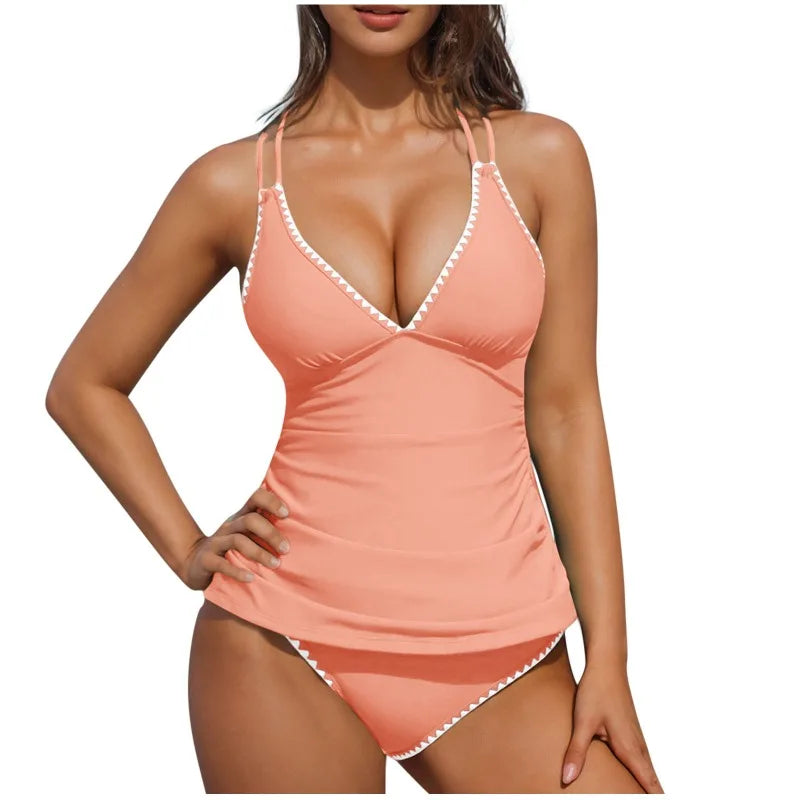 Women Tankini Swimsuit Color Block Tummy Control V Neck Push Up Top High Waisted Swim Bottom 2026 Summer Two Piece Bathing Suit - Matrix-studios.com