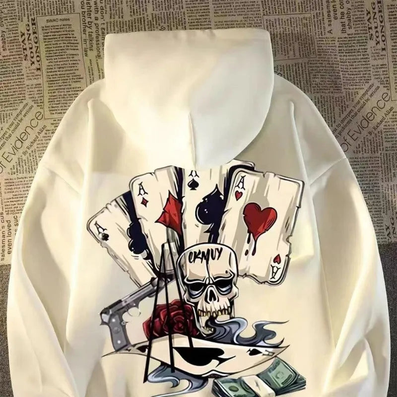 【M-8XL Hoodies】Autumn Men Pullover Hoodie Oversized Sweatshirt Fashion Loose Skeleton Poker Print Long Sleeve Couple Clothes - Matrix Studios