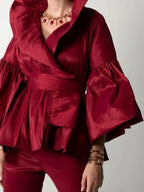 Casual Puff Long Sleeve Ruffles Blouse Office Lady Solid Color Women Wrap Shirts Lapel Collar Elegant Shirt Woman Fashion Female - Matrix-studios.com