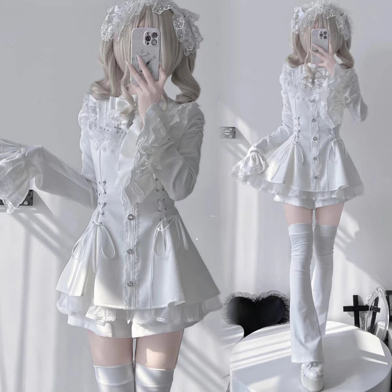 Y2k Aesthetic Lolita Style Bow Dress Shorts Set Japanese Women Gothic Lace Flare Sleeve Button Shirt Dress Punk Party Mini Dress - Matrix-studios.com