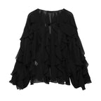 DUOPERI Women Fashion Solid Ruffled Blouse Vintage V-Neck Long Sleeves Female Chic Lady Shirts - Matrix-studios.com