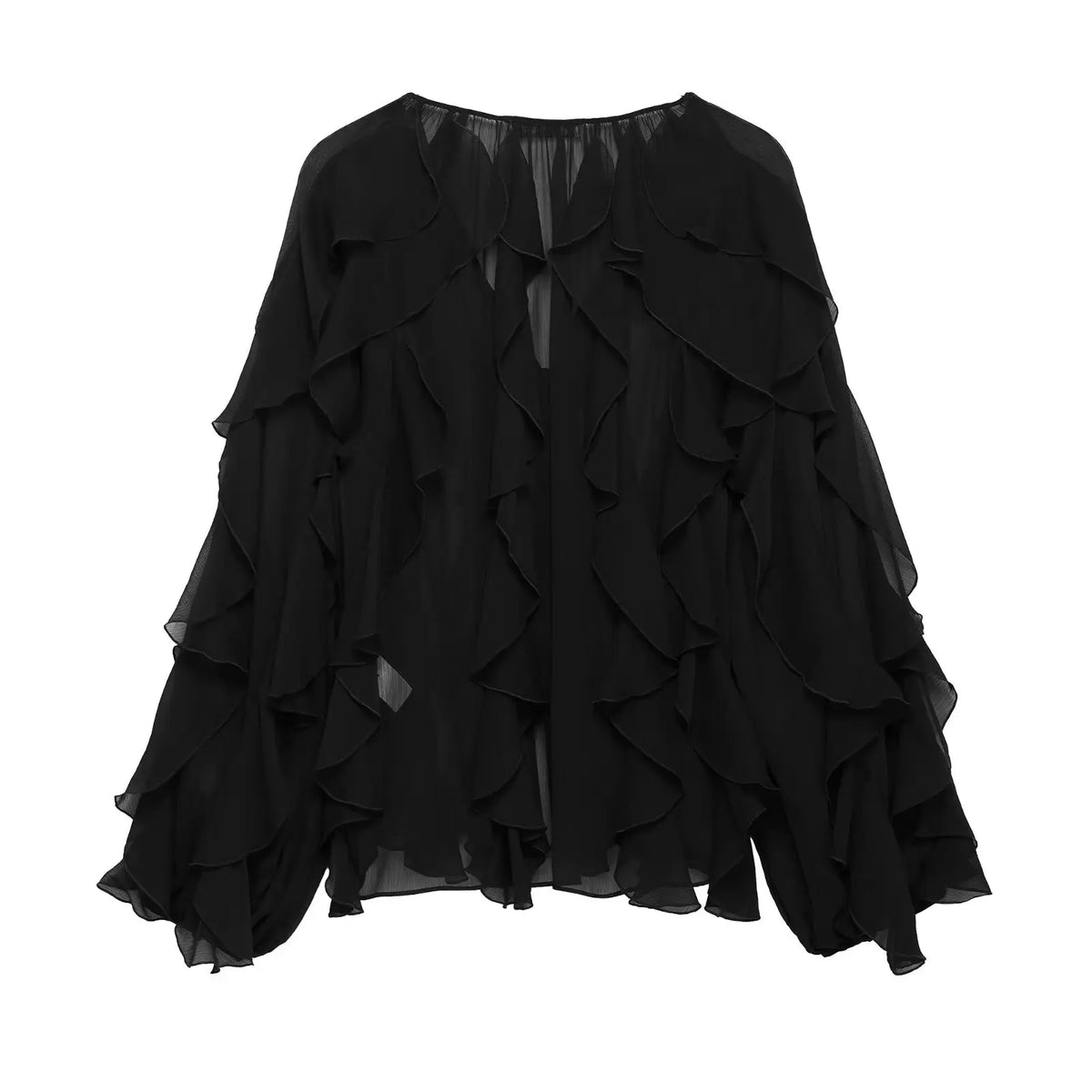 DUOPERI Women Fashion Solid Ruffled Blouse Vintage V-Neck Long Sleeves Female Chic Lady Shirts - Matrix-studios.com