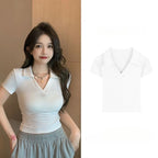 Polo Golf Shirt V-Neck Short Sleeve T-Shirt Women's Summer Harajuku Design Y2K Slim-Fit Base Layer Cropped Top Straight Shoulder - Matrix-studios.com