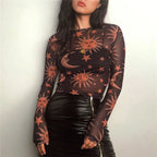 Women's New Style Black-and-White Sun-and-Moon Print Sheer Mesh T-Shirt Sheer Mesh Round Neck Base Layer T-Shirt - Matrix-studios.com