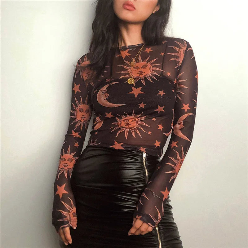 Women's New Style Black-and-White Sun-and-Moon Print Sheer Mesh T-Shirt Sheer Mesh Round Neck Base Layer T-Shirt - Matrix-studios.com