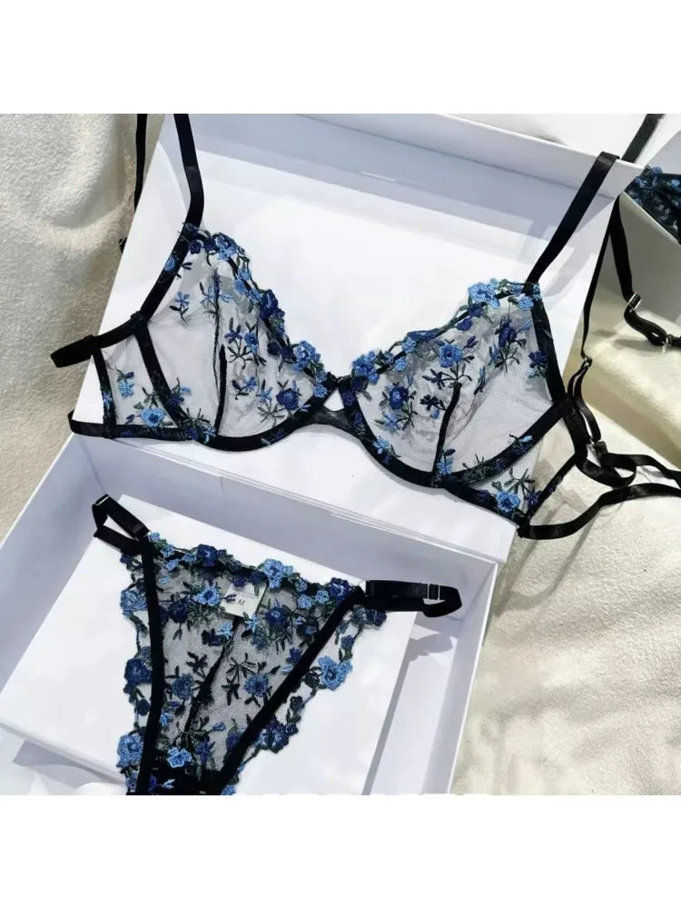 YUQI French Elegant Lingerie Set-Floral Embroidery Semi-Transparent Bra & Brief,Black Sensual Women's Underwear Luxury Intimates - Matrix-studios.com