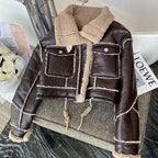 Black Lambswool Jacket Winter Thickened Plus Velvet Motorcycle Faux Leather Stitching Coat PU Plush Cardigan Stand Collar Tops - Matrix Studios