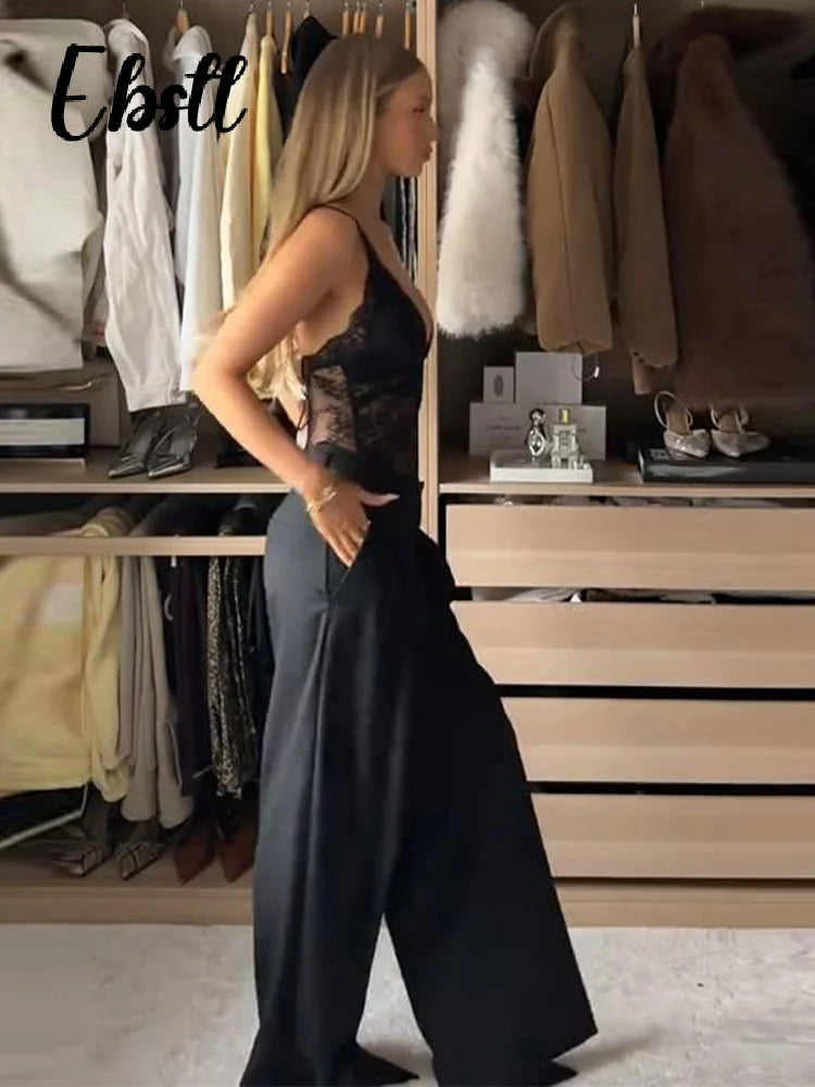 Sexy Lace Halter Jumpsuits Women's Slim Fit V-neck Lace-up Backless Sleeveless Rompers 2026 Summer Ladies New Solid Playsuits - Matrix Studios