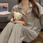 2PCS/Set Women's Long Sleeve Loose Breathable Student Sleepwear Loungewear Cardigan Gray Striped Girl Fashion Pajamas Homewear - Matrix-studios.com