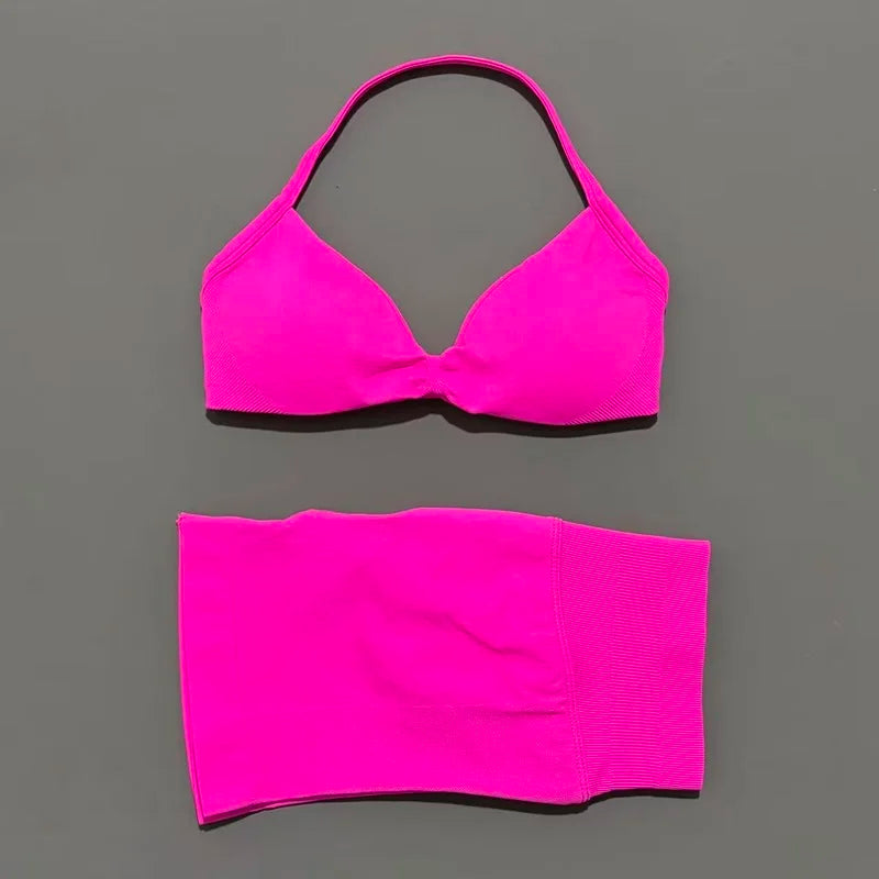 HISTELLO Gym Set 2 Piece Women Strappy Yoga Bra Top Workout Scrunch Shorts Sports Suit Fitness Clothes Seamless Yoga Set - Matrix-studios.com