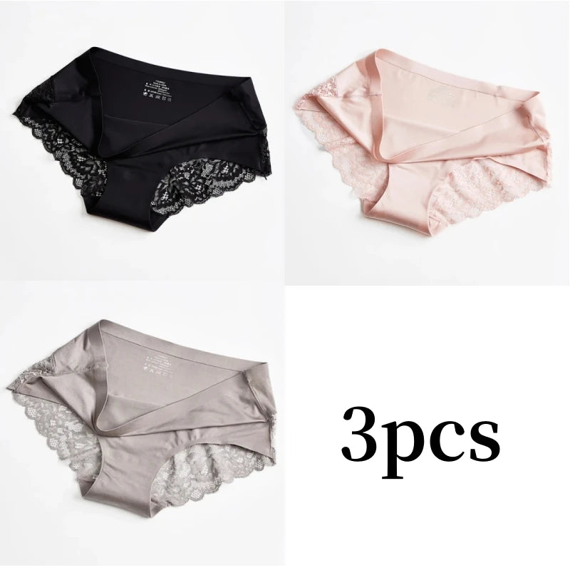 3pcs Lace Women's Panties French Seamless Underwear Female Ice Silk Briefs Solid Color Breathable Underpants Lingerie - Matrix Studios
