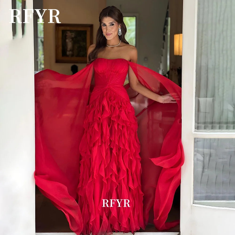 RFYR Ruffles Prom Dress Party Dress Chiffon A Line Evening Dress Detachable Shawl Women Celebrity Gala Dress Vestidos Customized - Matrix-studios.com