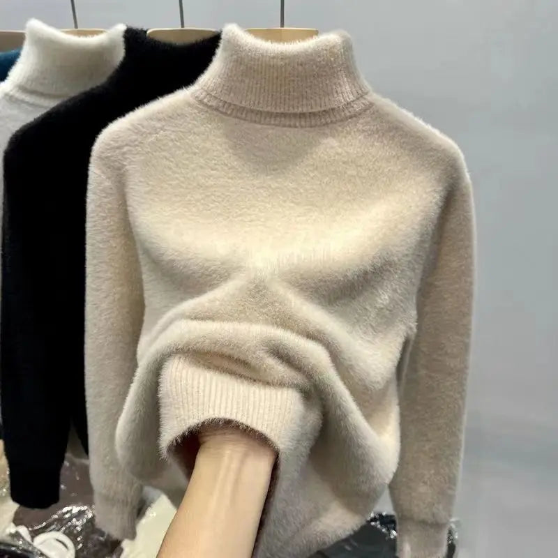 Women's Turtleneck Sweater Faux Mink Top for Women Solid Plush Thickened Warm Bottoming Shirts Basic Knitwear Thermal Pullovers - Matrix Studios