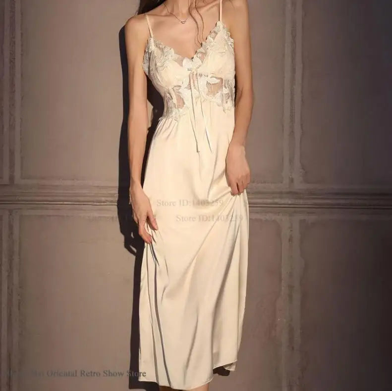 Elegant Female Long Robe Set Nightgown Silky Ice Silk Sleepwear Homewear SEXY Hollow Out Lace Nightdress Lingerie Loungewear - Matrix-studios.com
