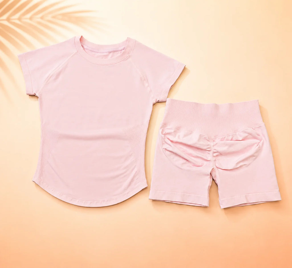 Women Short Sleeve Yoga Set Gym Workout Outfit Fitness Activewear Seamless Sportswear Running Exercise Shorts Set