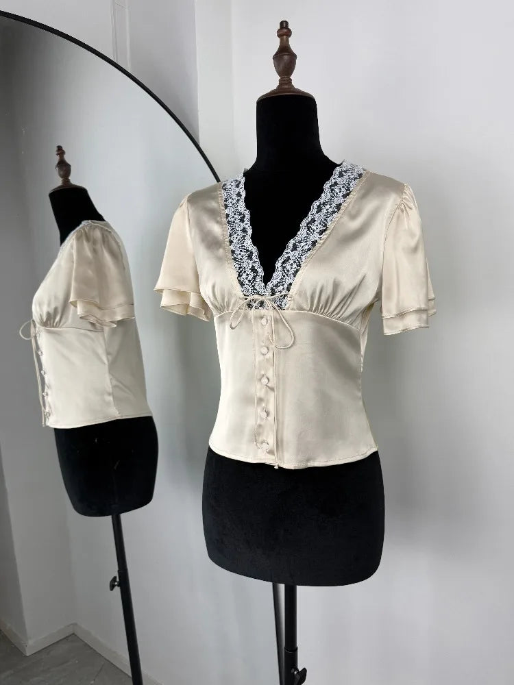 Tossy Lace Summer V-Neck T-shirt Top For Women Lace-Up Hollow Out Short Sleeve Printed Cropped Top Pullover Female Bandage Tee - Matrix-studios.com
