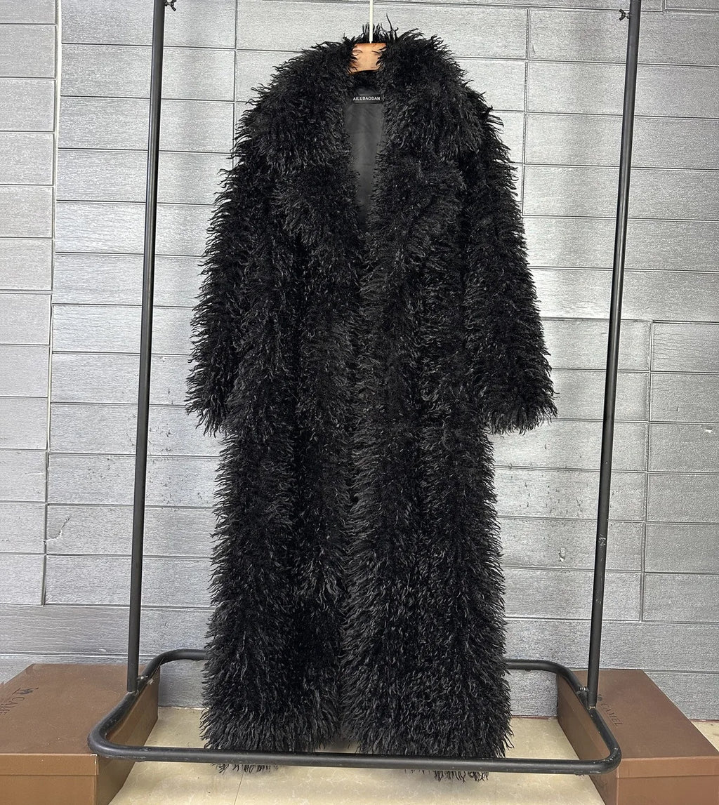 DEAT 2026 Autumn Winter New Fashion Beach Wool Faux Fur Coat For Women Suit Collar Solid Color Long Overcoat Female 11A07448 - Matrix Studios