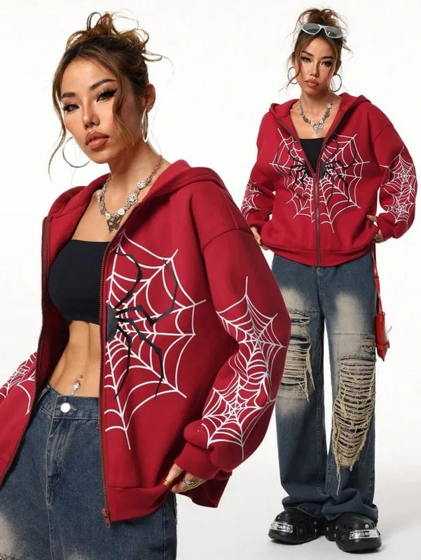 2026 Y2K Spider Web Print Unisex Zip Up Hoodie| Oversized Loose Fit for Men & Women, All Seasons - Matrix Studios