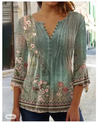 V-Neck Elegant Office Lady Blouses Tops Blusas 2024 Casual Trendy Summer Blouses Print Three Quarter Buttons Women Shirts S-3XL - Matrix-studios.com