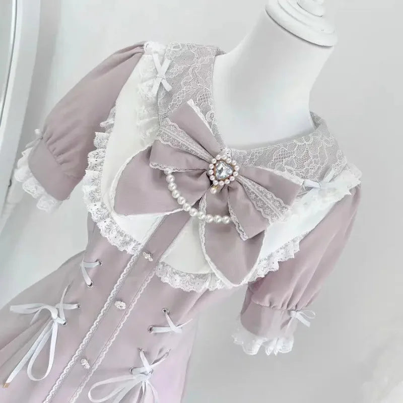 Y2k Aesthetic Lolita Style Bow Dress Shorts Set Japanese Women Gothic Lace Flare Sleeve Button Shirt Dress Punk Party Mini Dress - Matrix-studios.com