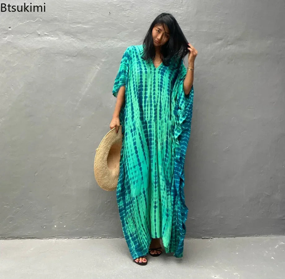 2026 Summer Bohemian Striped Print Women Beach Dress Bathing Suit Cover Up Summer Tunic for Woman Beachwear Robe De Plage Kaftan - Matrix Studios
