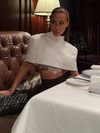 Elegant Women Shawl Cropped Top Shoulder Pads Stand Collar Short Sleeve Black Female T-shirt 2026 Spring Summer Lady Partywear - Matrix-studios.com