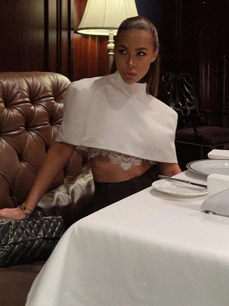 Elegant Women Shawl Cropped Top Shoulder Pads Stand Collar Short Sleeve Black Female T-shirt 2026 Spring Summer Lady Partywear - Matrix-studios.com