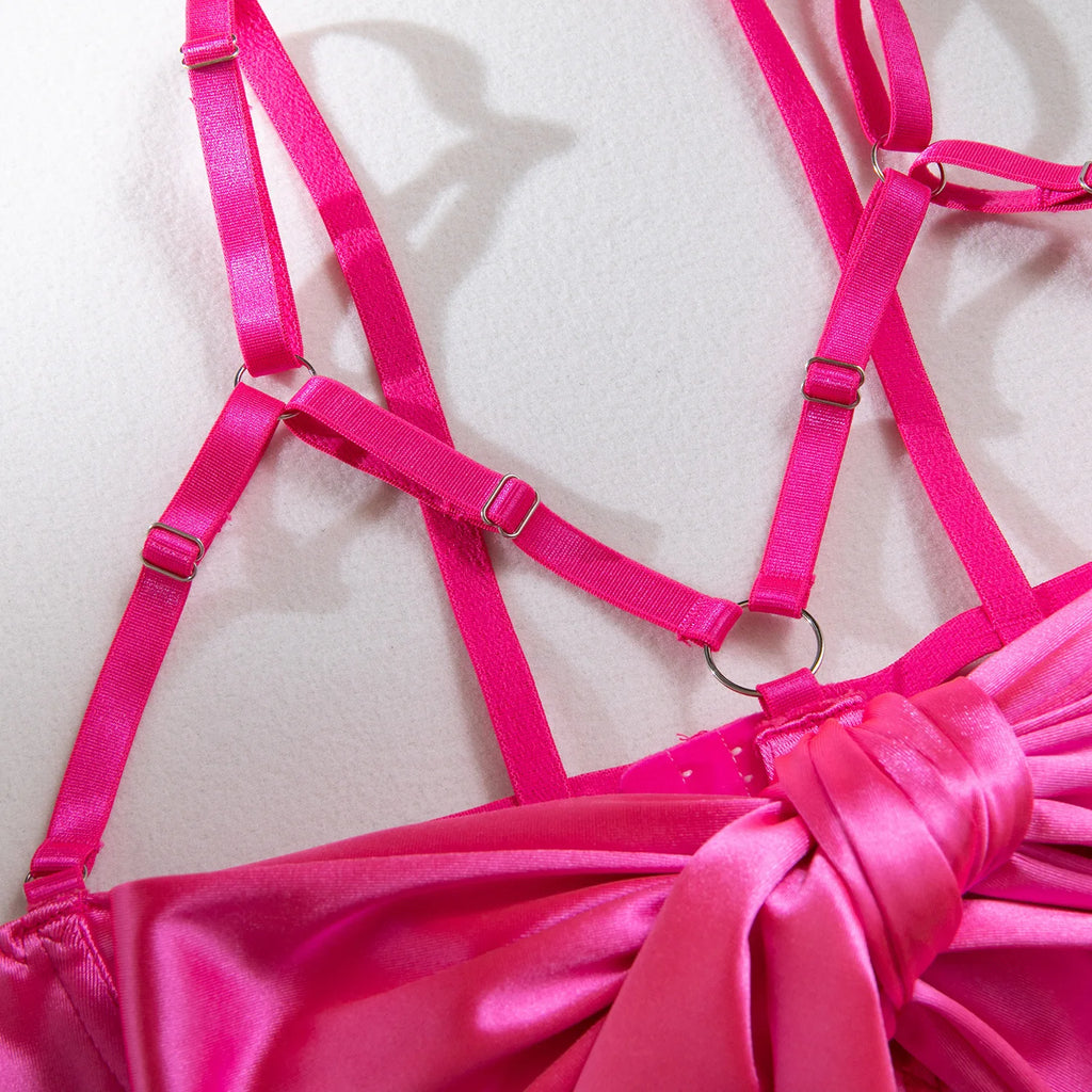 Sexy Solid Stain Lingerie Set Women's Hollow Out Bow Lace Up Exotic Apparel Suit Pure Desire Style Uniform Underwear Bra & Brief - Matrix-studios.com