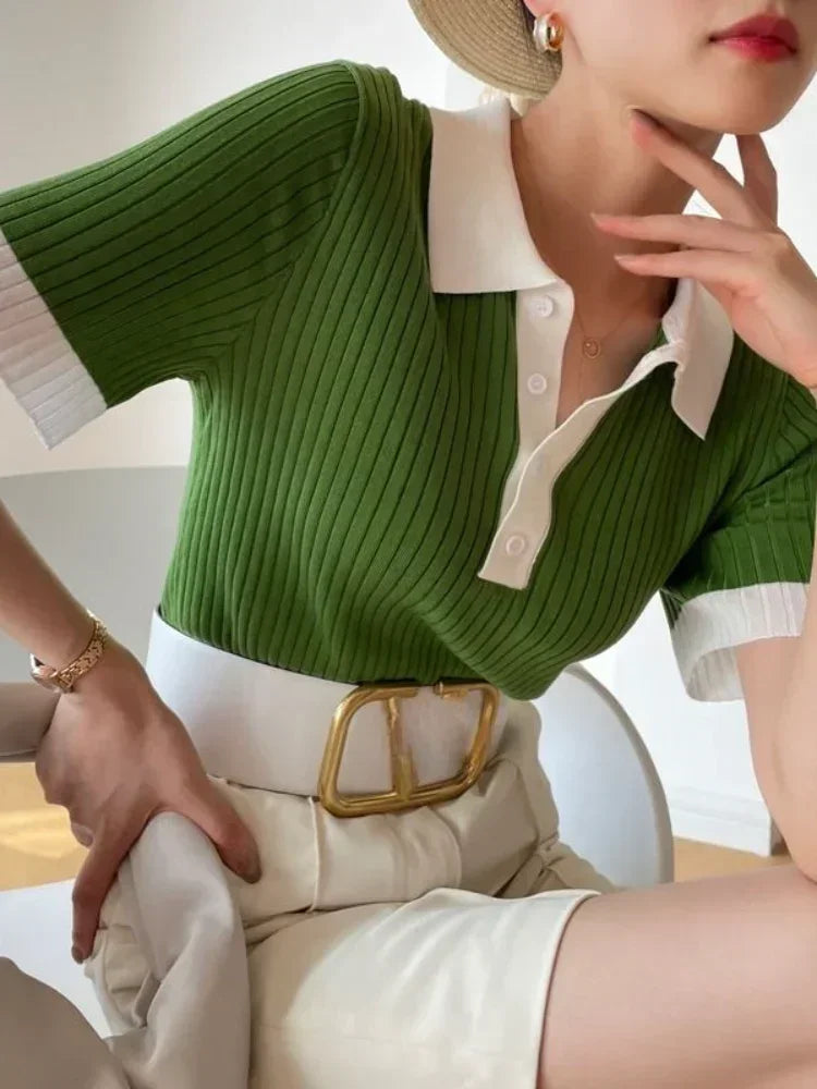 Fashion Summer T-shirts for Women Slim Fit Polo Women's T-shirt Collar Knitted Ice Silk T-shirt Knitting Elegant Crop Top - Matrix-studios.com