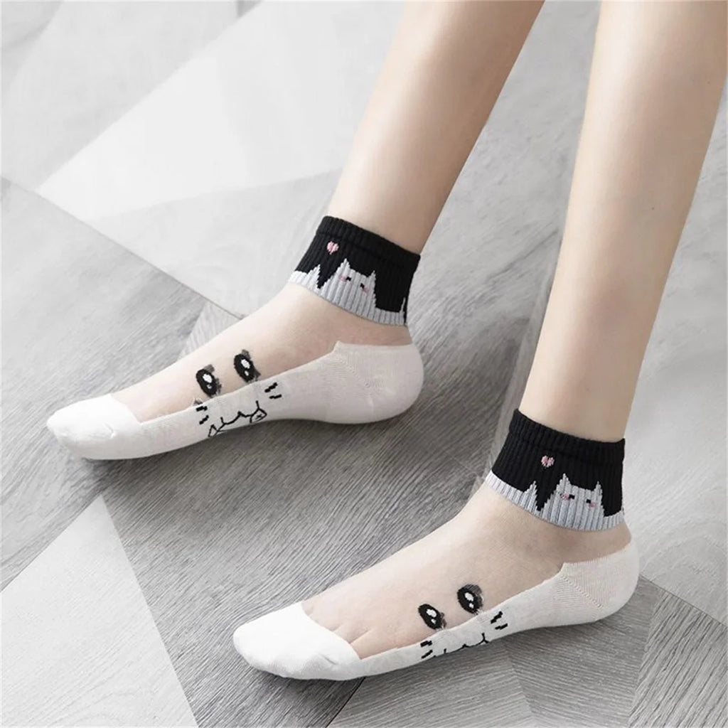 Dreamlikelin 5 Pairs Summer Socks for Women - Black & White Cat Print, Breathable Glass Silk Short Socks, Simple Cute Design - Matrix Studios