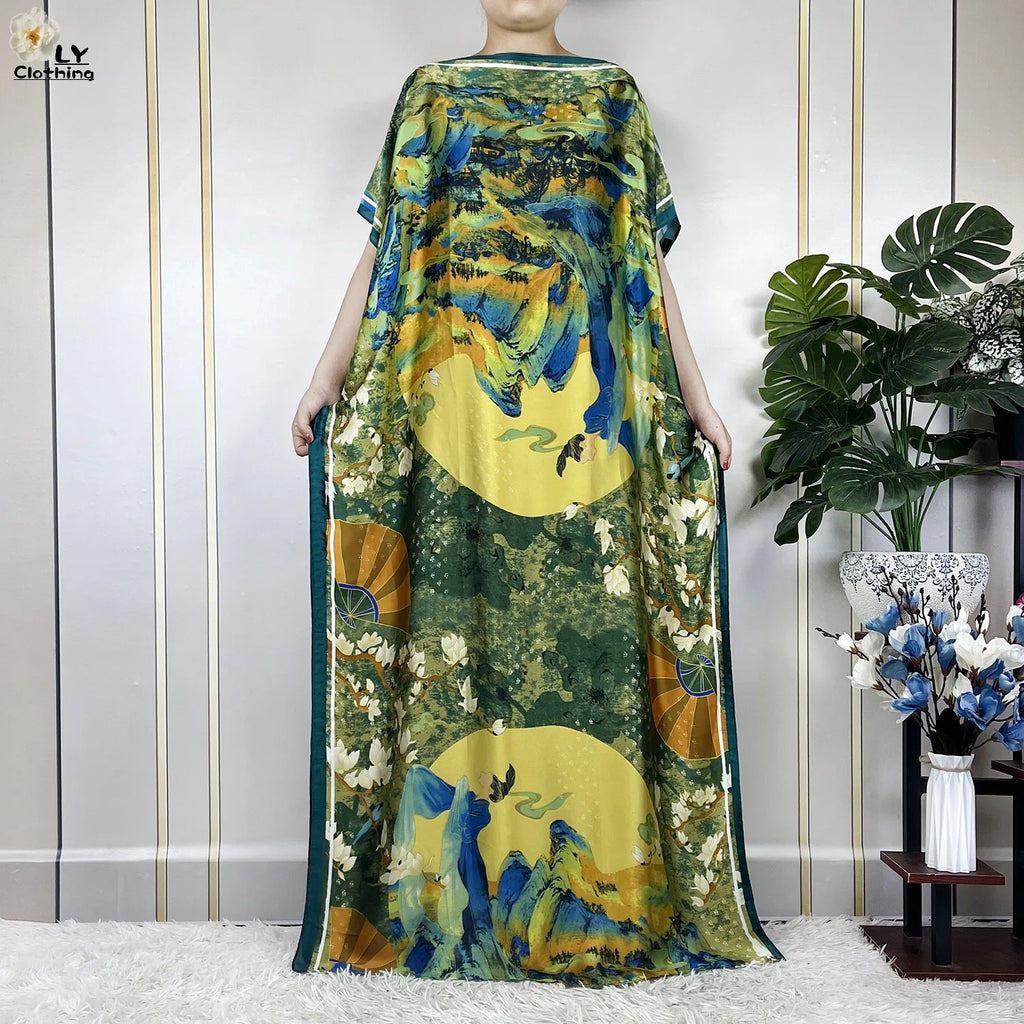 Muslim Abayas For Women 2023 New Fashion Printed Silk Soft Loose Femme Elegant Robe African Maxi Party Dresses With Belt Turban - Matrix-studios.com