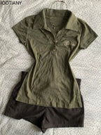 Vintage Polo Shirt Y2k Women's Gothic Style V-neck Slim Harajuku American Letter Print Punk Army Green Short Sleeve T-shirt 2025 - Matrix-studios.com