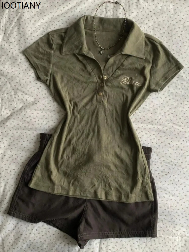Vintage Polo Shirt Y2k Women's Gothic Style V-neck Slim Harajuku American Letter Print Punk Army Green Short Sleeve T-shirt 2025 - Matrix-studios.com