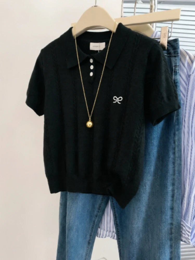 AOSSVIAO Cute Bow Embroidery Short Sleeve Tops 2026 Summer New Women Gray Knitted Polo neck T-shirt Trendy Versatile Casual Tee - Matrix-studios.com