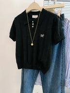 AOSSVIAO Cute Bow Embroidery Short Sleeve Tops 2026 Summer New Women Gray Knitted Polo neck T-shirt Trendy Versatile Casual Tee - Matrix-studios.com