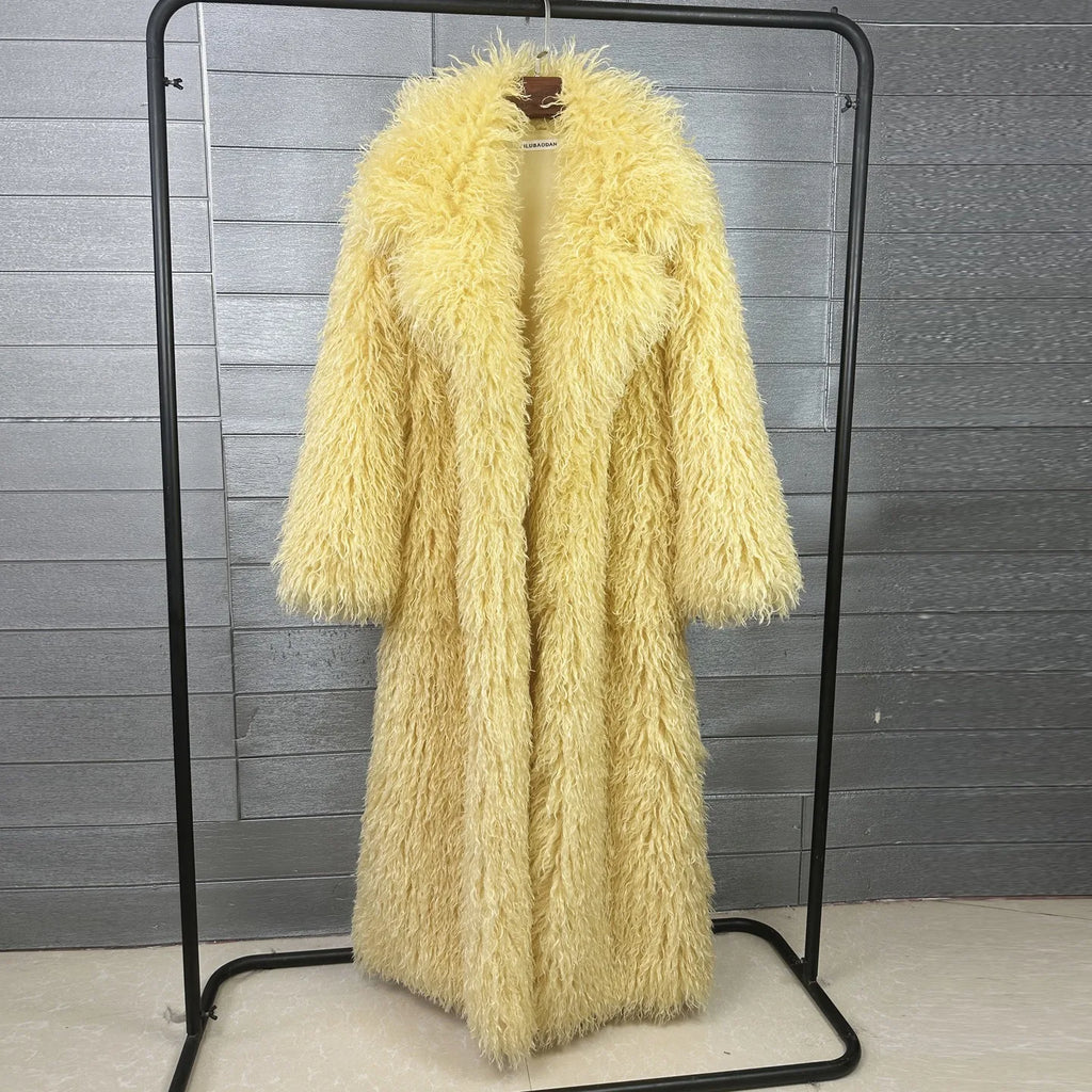 DEAT 2026 Autumn Winter New Fashion Beach Wool Faux Fur Coat For Women Suit Collar Solid Color Long Overcoat Female 11A07448 - Matrix Studios