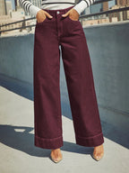 Burgundy women's high waist wide leg jeans stretch denim button placket washed jeans casual outing versatile style - Matrix-studios.com