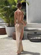 Sexy See Through Knit Backless Lace-up Split Bodycon Beach Dress 2026 Summer Women Solid Halter Holiday Swimwear Cover-ups A2797 - Matrix Studios