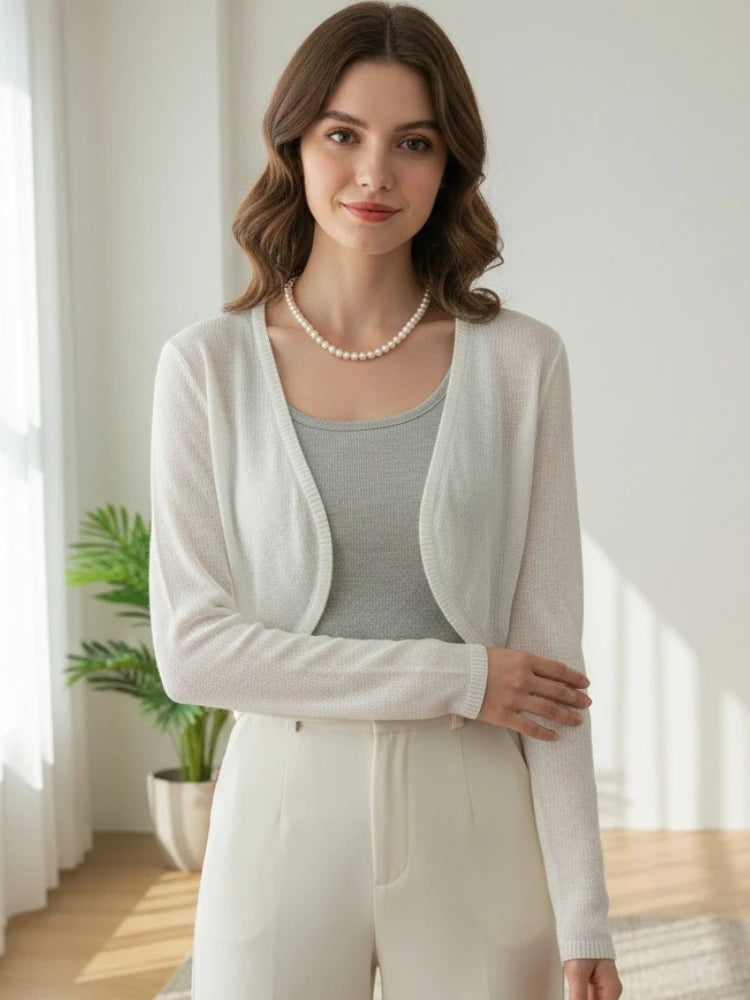 2026 Spring Summer Women Crop Tops Sun-Proof Cardigans Korean Sweater Fashion Thin Short Solid Knitted Long Sleeve Cardigan - Matrix Studios