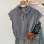 2026 New Summer Navy Polo Collar Women T-Shirt Fashion Solid Color Short Sleeve Knit Top Unique Chic Casual Tee - Matrix-studios.com
