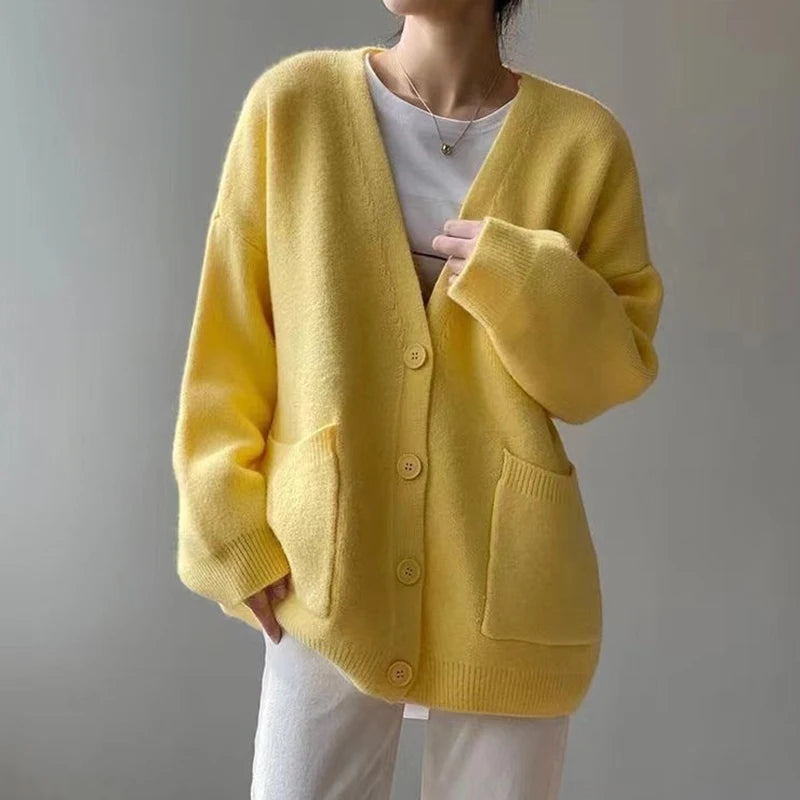2024 Chic Yellow Sweater Cardigan Women Lazy Wind Single-Breasted Knitted Cardigan Women Solid V Neck Cardigans Female - Matrix Studios