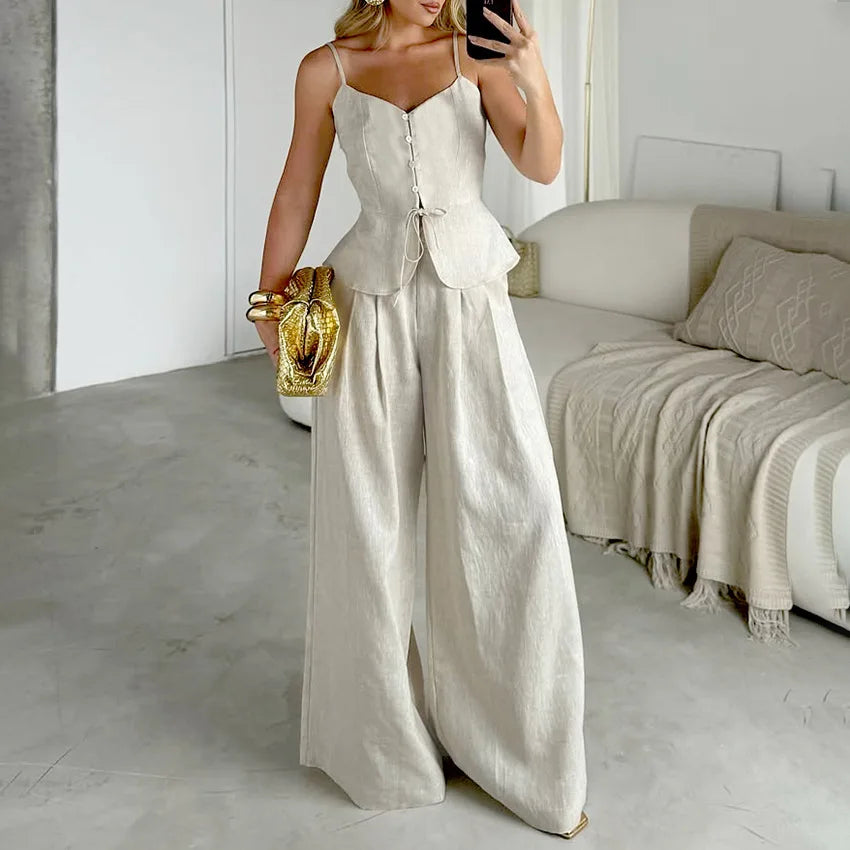 Mueyaruho Women 2026 Summer Office Pant Set Suits Solid Beige Outfits 2 Two Piece Wide Leg Matching Set For Women - Matrix-studios.com
