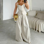 Mueyaruho Women 2026 Summer Office Pant Set Suits Solid Beige Outfits 2 Two Piece Wide Leg Matching Set For Women - Matrix-studios.com