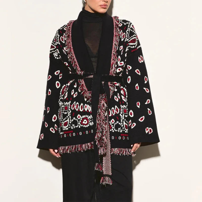 Jacquard Cardigan Women V-Neck Tie Waist Cardigans Long Sleeve Knit Sweater Waist Cuff Casual Autumn Fashion Trendy Streetwear - Matrix Studios