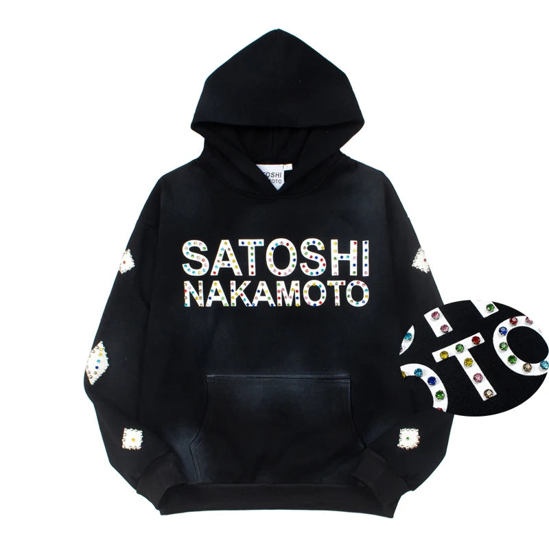SATOSHI Hoodies Pullover 26ss Vintage Embroidery Leather Pattern Glittering Diamond Print Men's Hooded Hip Hop Style Sweatshirts - Matrix-studios.com